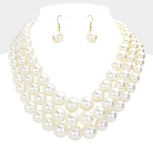 Cream Pearls MultiStrand Layered Bib Necklace Set Triple Chunky Design